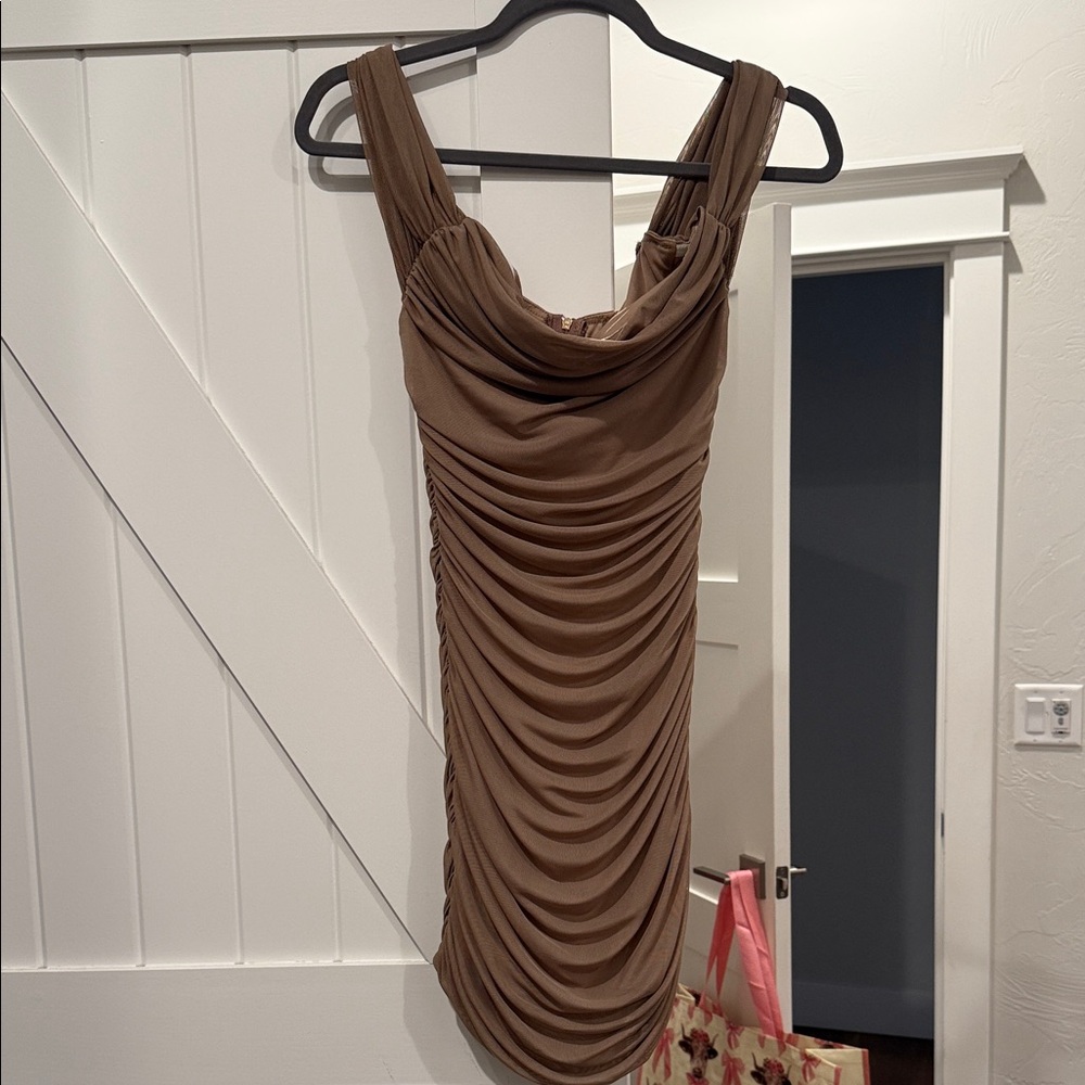 Buckle Brown Ruched Mini Dress